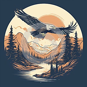 Majestic Bald Eagle Flying Over Mountain Range T-shirt Design