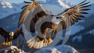 Majestic bald eagle flying in snow covered mountains generated by AI