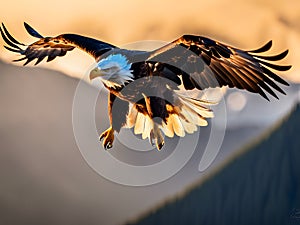 Majestic Bald Eagle Gliding Over Sunrise Mountains High-Definition AI-Crafted Image photo