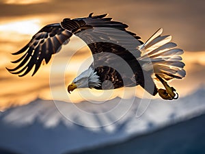 Majestic Bald Eagle Gliding Over Sunset Mountains High-Definition AI-Crafted Image photo
