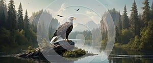 Majestic Bald Eagle Perched by Forest River