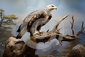 A majestic bald eagle perched on a lifeless tree branch against a blue sky backdrop, View from above an eagle as it perches on a