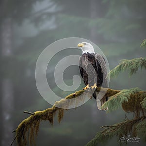 Majestic Bald Eagle Perched on Misty Tree Branch
