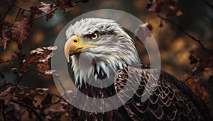 The majestic bald eagle perching on a branch, close up portrait generated by AI