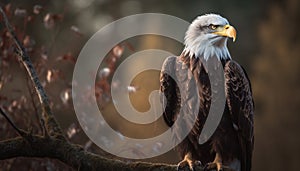 Majestic bald eagle perching on branch, focus on foreground generated by AI