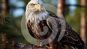 Majestic bald eagle perching on branch, nature beauty in focus generated by AI