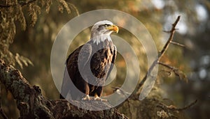 Majestic bald eagle perching on branch, nature beauty in focus generated by AI