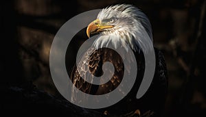Majestic bald eagle perching on branch outdoors generated by AI