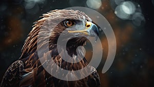 Majestic bald eagle perching on branch, sharp beak in focus generated by AI