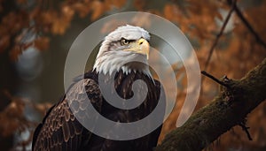 Majestic bald eagle perching on branch, symbol of American patriotism generated by AI