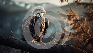 Majestic bald eagle perching on branch, talons in focus generated by AI