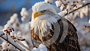 Majestic bald eagle perching on snowy branch, close up portrait generated by AI