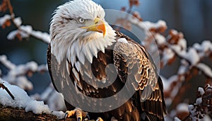 Majestic bald eagle perching on snowy branch, close up portrait generated by AI