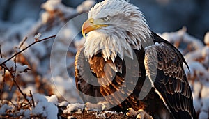 Majestic bald eagle perching on snowy branch, close up portrait generated by AI