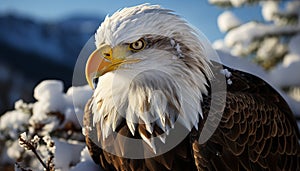 Majestic bald eagle perching on a snowy branch, looking fiercely generated by AI