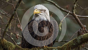 Majestic bald eagle perching on tree branch generated by AI