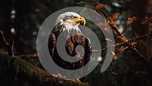 Majestic bald eagle perching on tree branch generated by AI