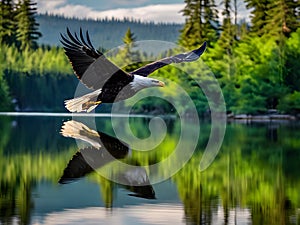 Majestic Bald Eagle Skimming Over a Pristine Lake High-Definition AI-Crafted Image photo