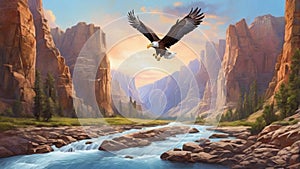 Bald Eagle Soaring Above a Canyon Landscape