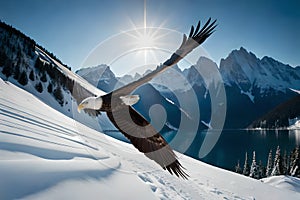 A majestic bald eagle soaring gracefully over a rugged, snow-capped mountain range