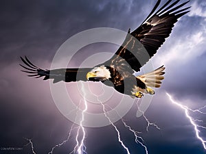 Majestic Bald Eagle Soaring Through Lightning Storm photo