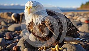 Majestic bald eagle soaring, nature beauty in freedom generated by AI