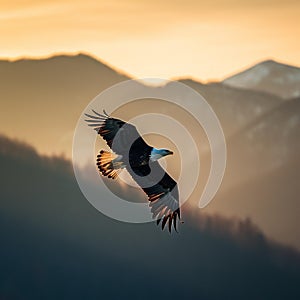 Majestic Bald Eagle Soaring Over Golden Mountains photo
