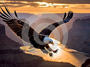 Majestic Bald Eagle Soaring Over Grand Canyon at Sunset photo