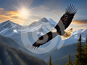 Majestic Bald Eagle Soaring Over Snow-Capped Mountains at Sunrise High-Definition AI-Crafted Image photo