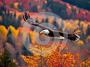Majestic Bald Eagle Soaring Over Vibrant Autumn Forest photo