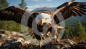 Majestic bald eagle soaring in the wild, spreading its wings generated by AI