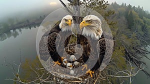 Majestic Bald Eagles and Eaglets in Their Nest. Biodiversity, Birdwatching, Wildlife. AI Generated