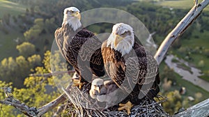 Majestic Bald Eagles and Eaglets in Their Nest. Biodiversity, Birdwatching, Wildlife. AI Generated