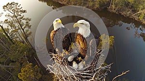 Majestic Bald Eagles in the Nest with Their Eggs. Biodiversity, Birdwatching, Wildlife. AI Generated