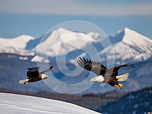 Majestic Bald Eagles Soaring Over Snow-Capped Mountains photo