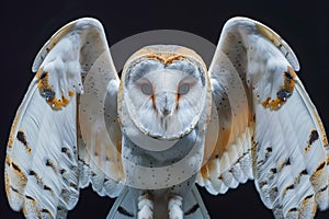 Majestic Barn Owl in Flight with Extended Wings Isolated on Black Background, Nocturnal Bird of Prey Captured in Mid Action