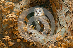 Majestic Barn Owl Perched in Autumn Forest Scene with Golden Foliage and Rustic Tree Hollow