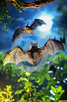 Majestic Bats Soaring in Night Sky with Moonlight Glow Wildlife, Nature, and Nocturnal Creatures in Flight