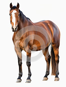 Majestic bay horse with a white blaze, standing isolated on white background.