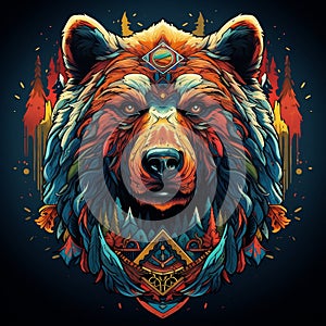 A majestic bear totem, embodying strength and protection, intricately designed with Aztec Greeble tribal motifs by AI generated