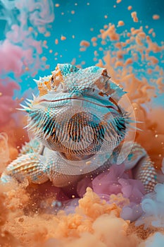 Majestic Bearded Dragon Amidst Vibrant Clouds of Colorful Splashes in Artistic Aquarium Environment