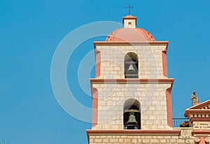 Majestic bell tower at the historic Santa Barbara mission