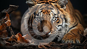 Majestic Bengal tiger, close up portrait, staring with alertness generated by AI