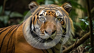 Majestic Bengal tiger, fierce and wild, staring into the camera generated by AI