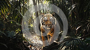 Majestic bengal tiger in jungle, photorealistic wide angle capture with sunlit foliage