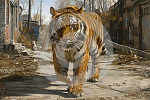 Majestic Bengal Tiger Roaming Through Abandoned Urban Area in Sunlit, Surreal Wildlife Encounter