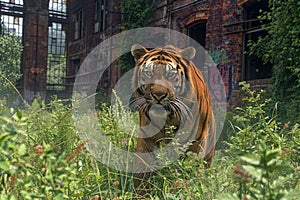Majestic Bengal Tiger Roaming in Abandoned Urban Landscape Wildlife Adaptation and City Overgrowth Concepts