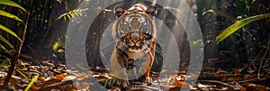 Majestic bengal tiger roaming in jungle with striking stripes in ultra wide view