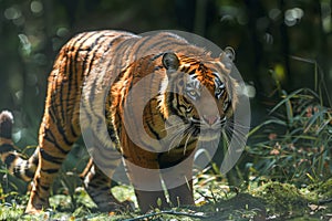 Majestic Bengal Tiger Roaming in Natural Habitat Surrounded by Lush Greenery on a Sunny Day