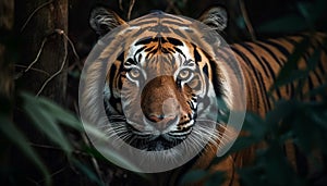 Majestic Bengal tiger staring, close up portrait generated by AI